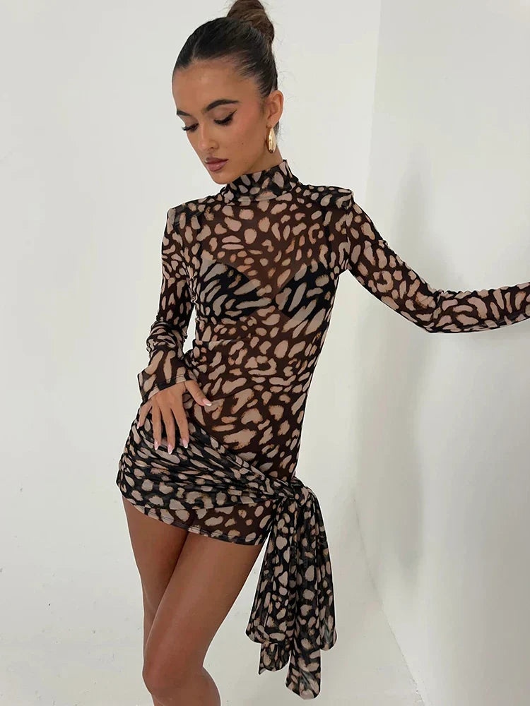 Leopard Sheer Bandage Long Sleeve Mini Dress - View 2 | VelvetHem