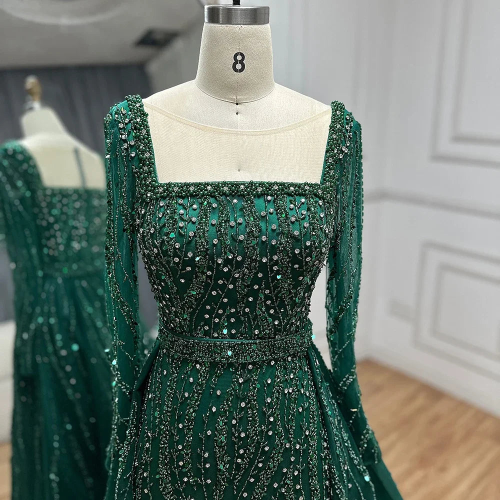 Zapdress Customized Wine red Long Sleeves Mermaid Beaded Evening Dresses with Overskirt Party Gowns for Women (ZD17206)