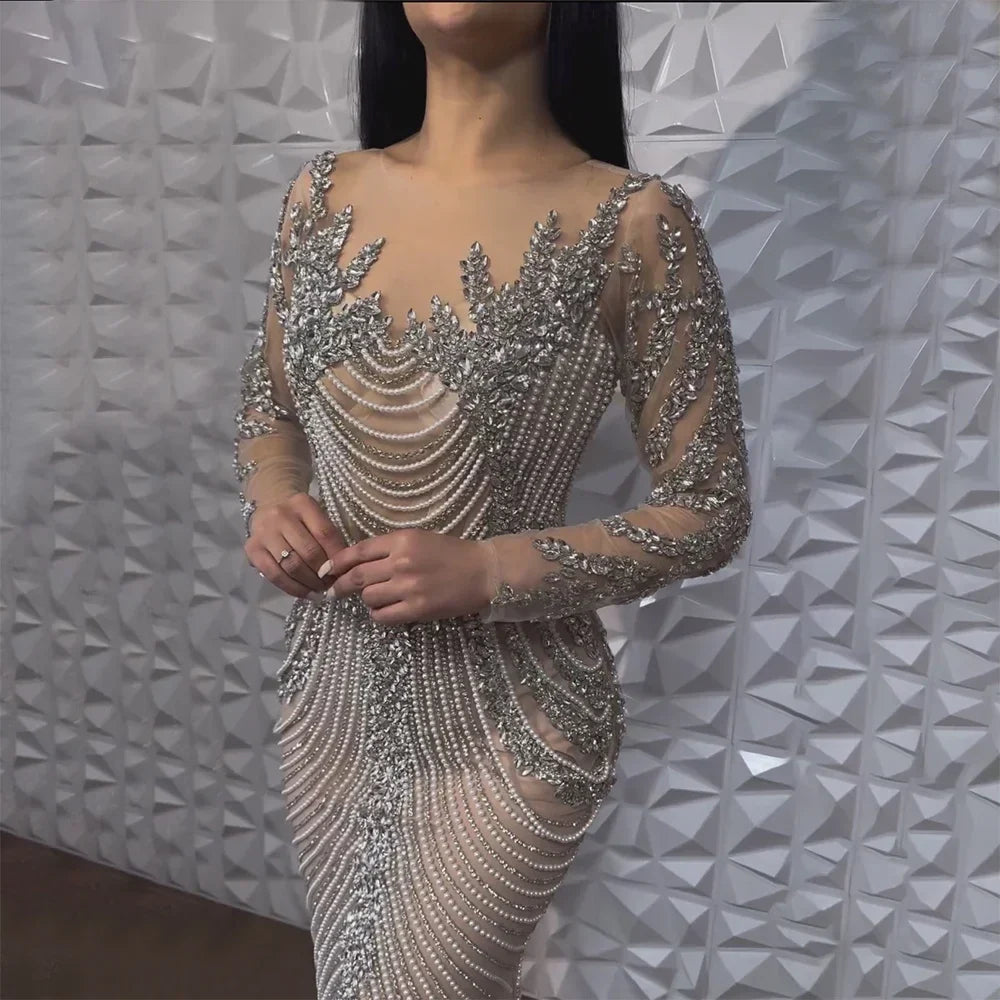 Zapdress Customized Sliver Nude Long Sleeves Pearls Beaded Luxury Evening Dresses Formal Party Gowns for Women (ZD17275)