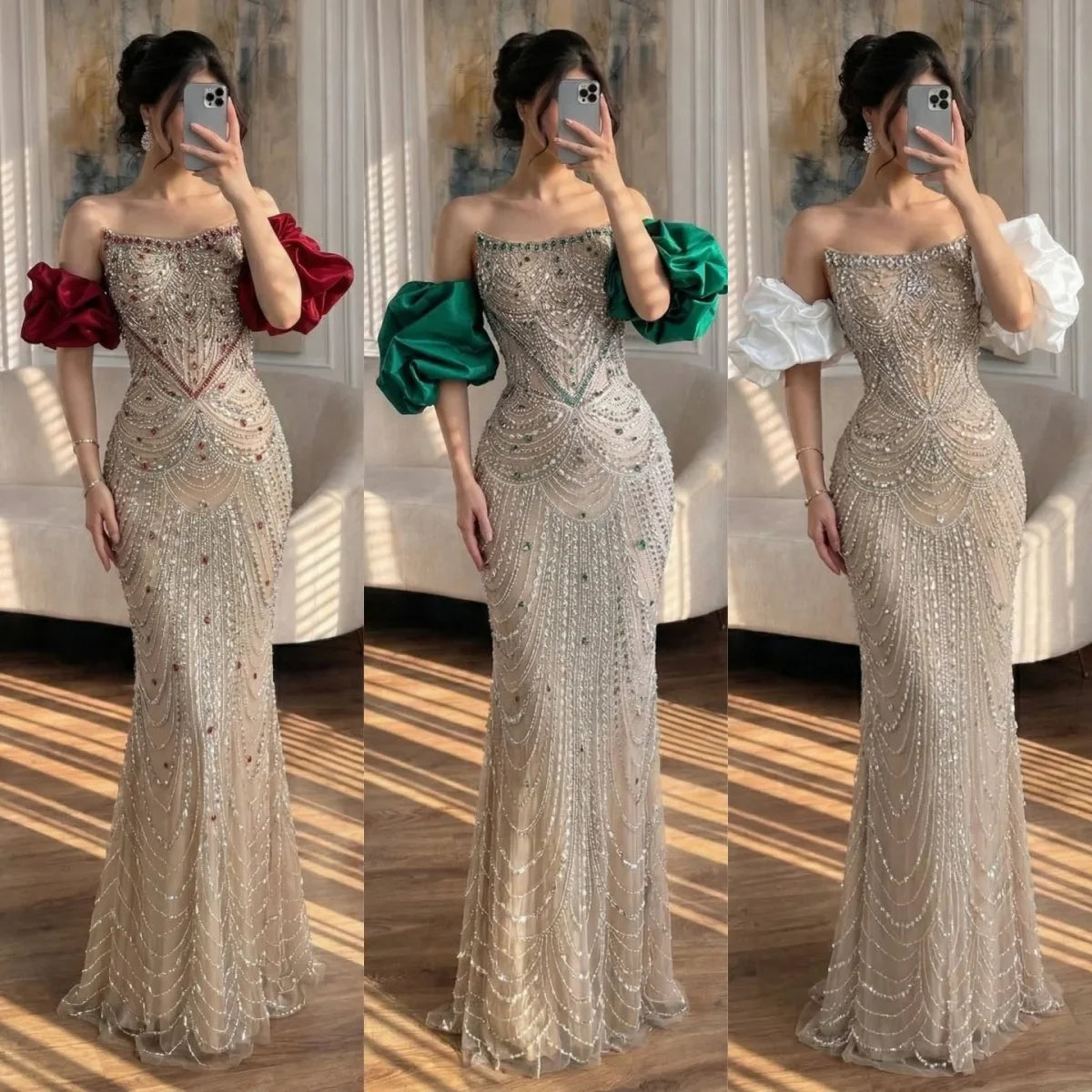 Luxury Beaded Evening Dresses with Elegant Puff Sleeves Pearl Beaded Adorned Design Zapdress DLA72903 Customized (ZD17265)