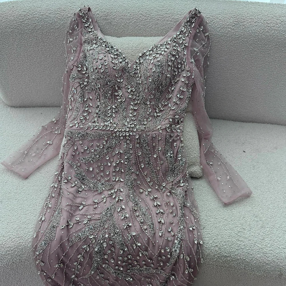 Zapdress Pink V-neck Long Sleeves Mermaid Luxury Beaded Evening Dress 2026 Wedding Party Gowns DLA73191 Customized (ZD17300)