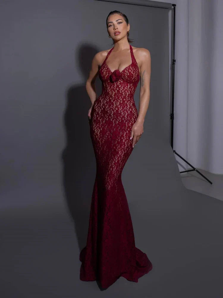 Flower Edition Mermaid Burgundy Maxi Lace Dress