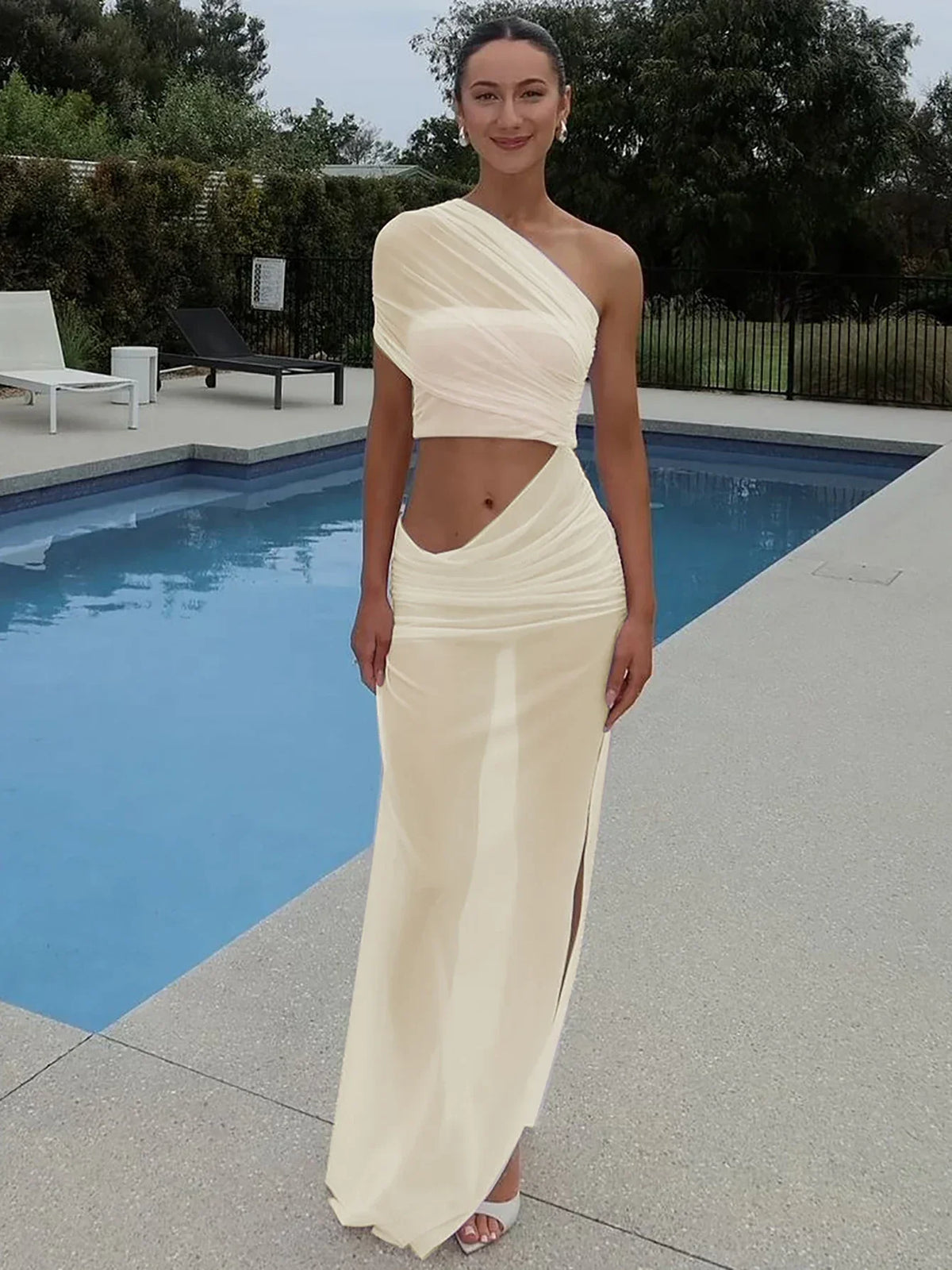 Mesh One Shoulder Ruched Maxi Dress - View 4 | VelvetHem