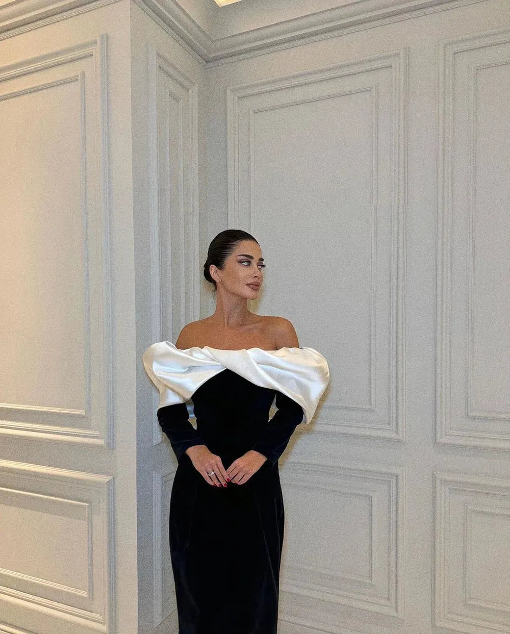 Evening Dresses For Formal Ocasion Dubai Off The Shoulder Long Sleeves Tea Length Party Gown Satin Mermaid Prom Gown