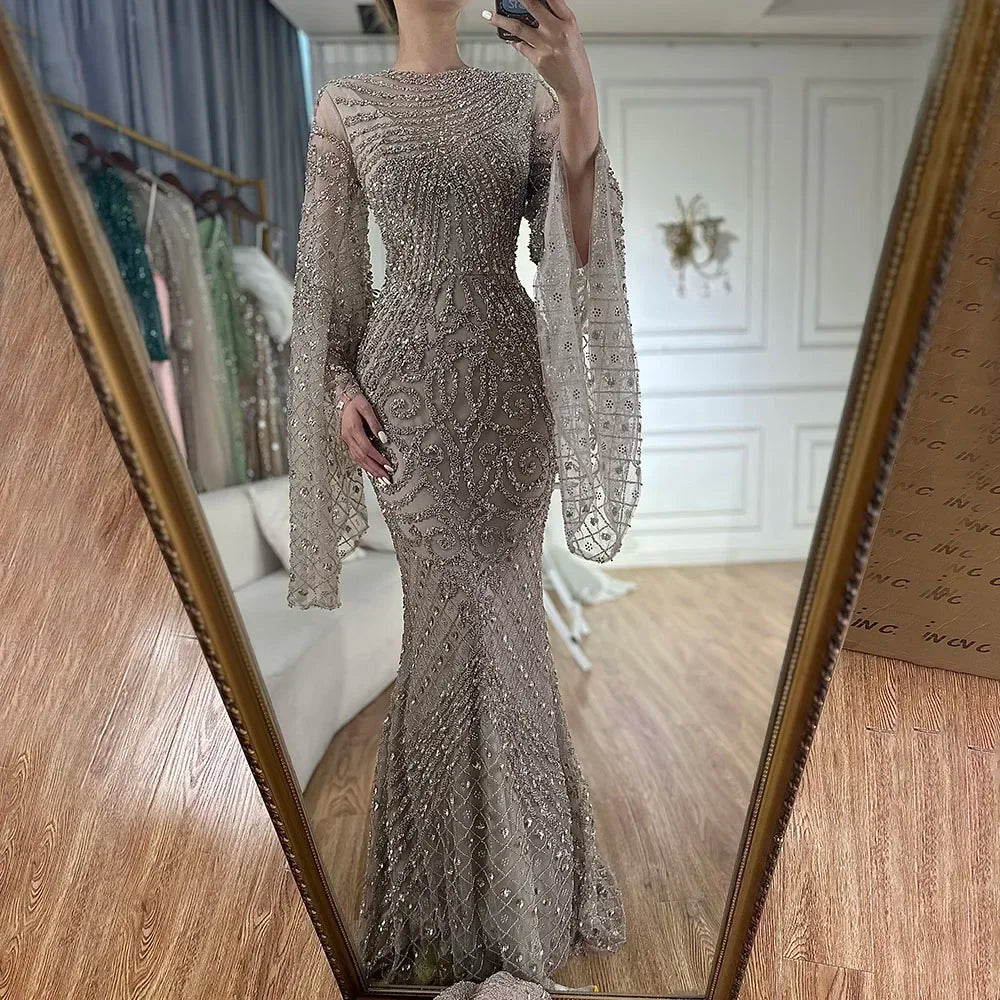 Zapdress 2025 Flared Sleeves Caramel Beaded Dubai Mermaid Evening Dresses Gowns for Party DLA72771 Customized (ZD17272)