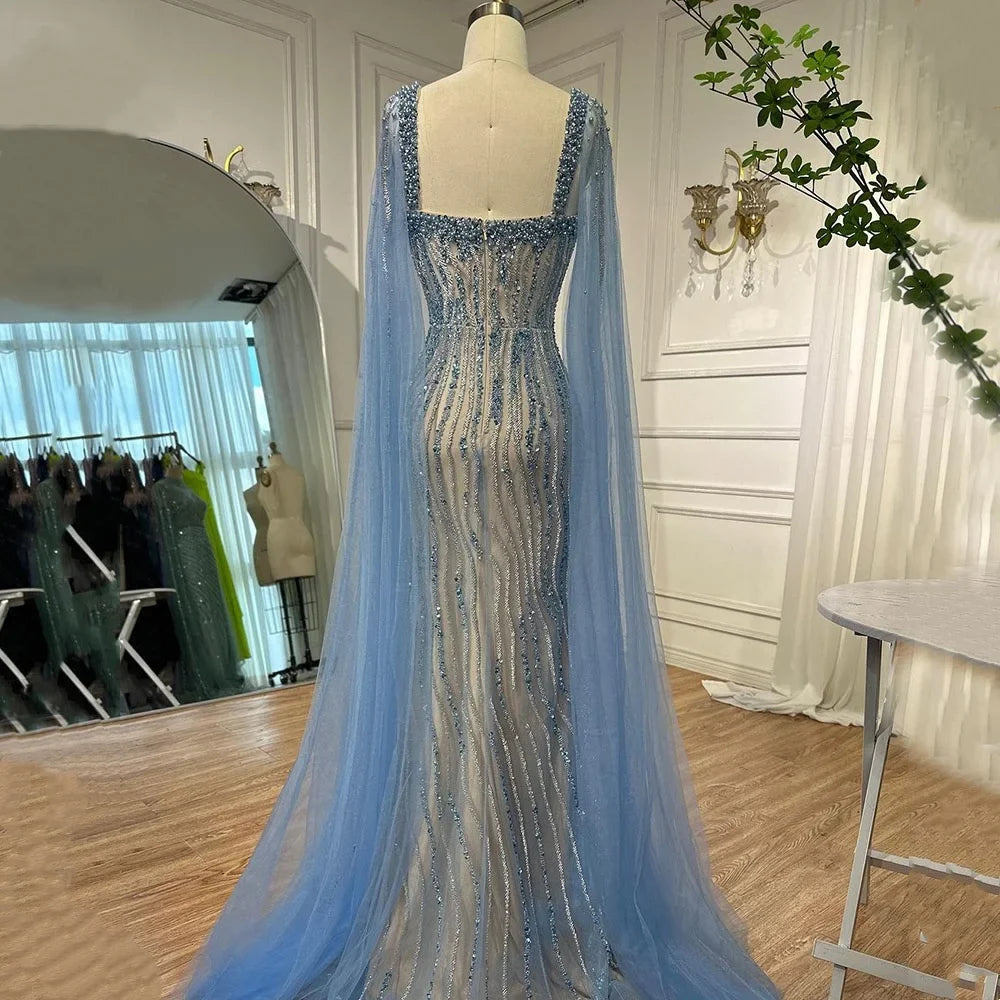 Zapdress Blue Mermaid Beaded Evening Dresses with Cape Sleeves Wedding Party Gowns for Women DLA71715 Customized (ZD17247)