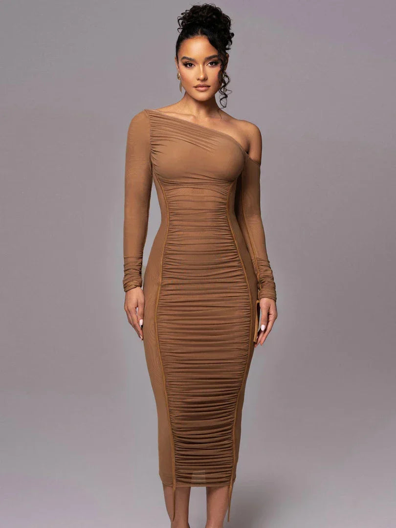 Diagonal Collar Draped Mesh Maxi Dress - View 4 | VelvetHem