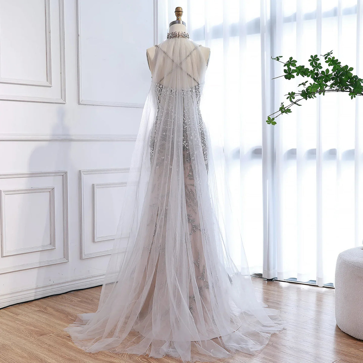 Zapdress Silver Nude Mermaid Beaded Evening Dress with Cape DLA73342 Wedding Party Gowns for Women 2026 Customized (ZD17344)