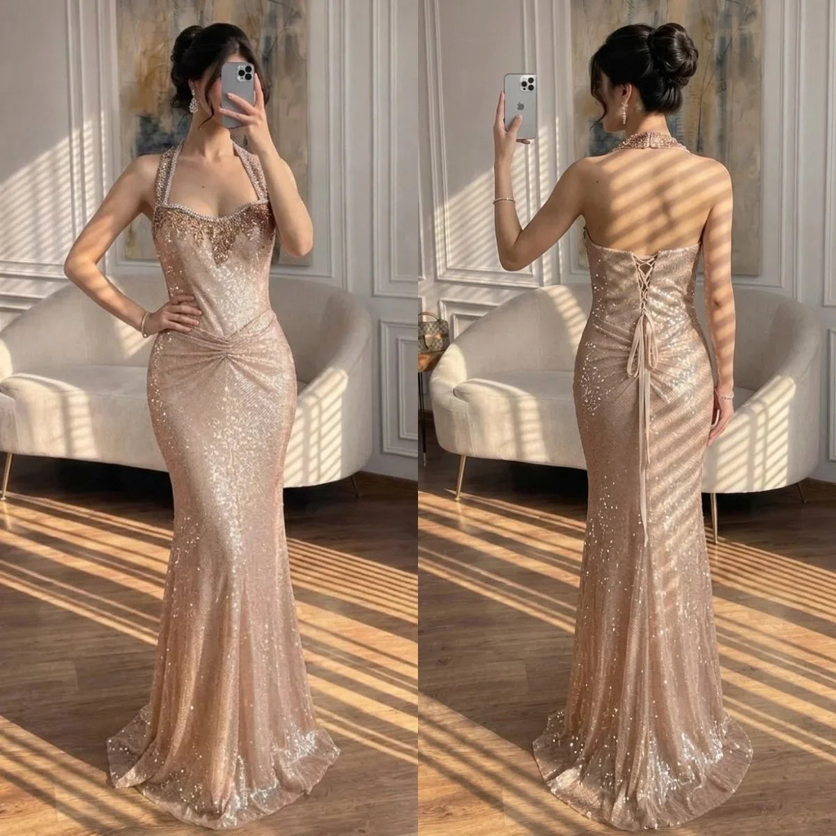 Zapdress Rose Gold Mermaid Beaded Evening Dress Elegant Sparkly Wedding Party Gown with Ruched Waist DLA73410B Customized (ZD17276)