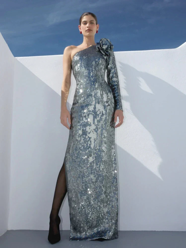 One Shoulder 3D Flower Sequin Dress