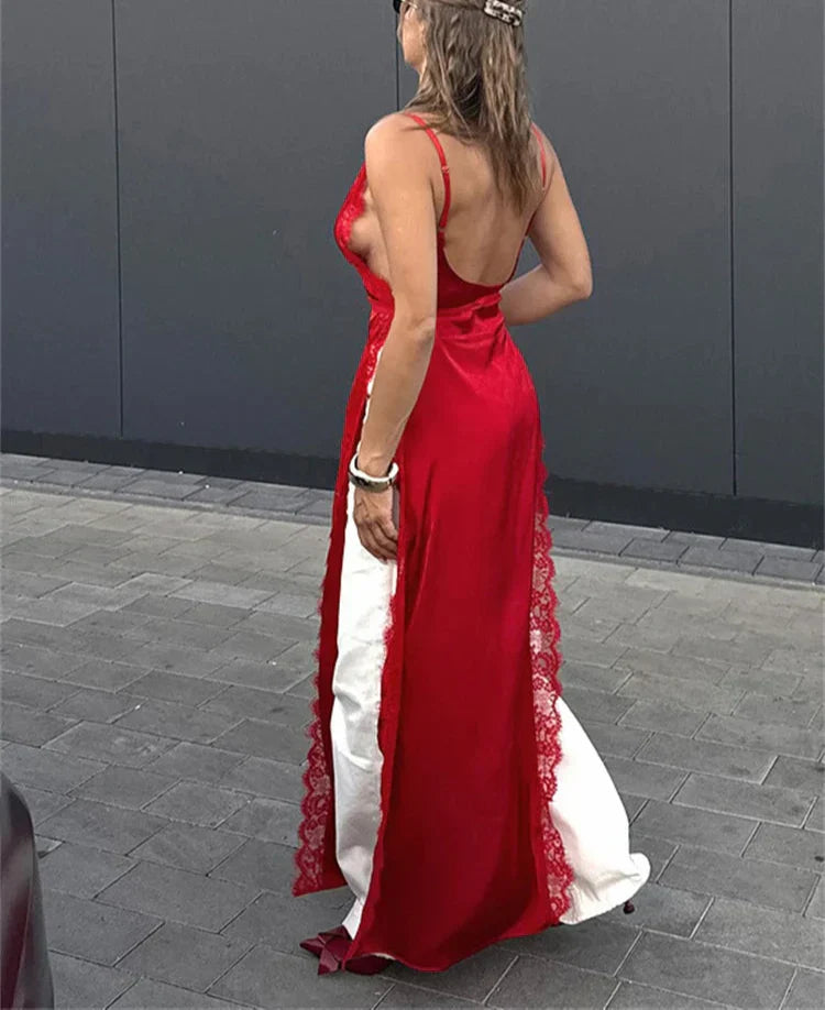 Lace Satin Patchwork High Split Maxi Dress