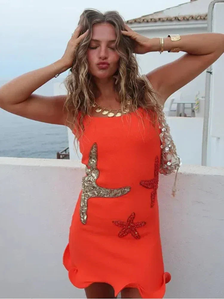 Starfish Wrapped Waist Shiny Mini Dress - View 10 | VelvetHem