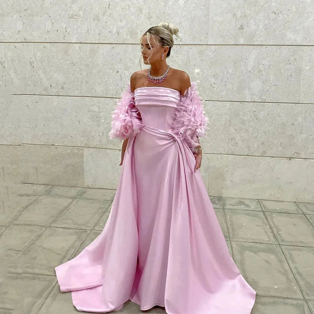 Exquisite Satin Pink Prom Dresses Feathers Strapless Corset Off The Shoulder Evening Party Gown Night Dress Special Eve Pink