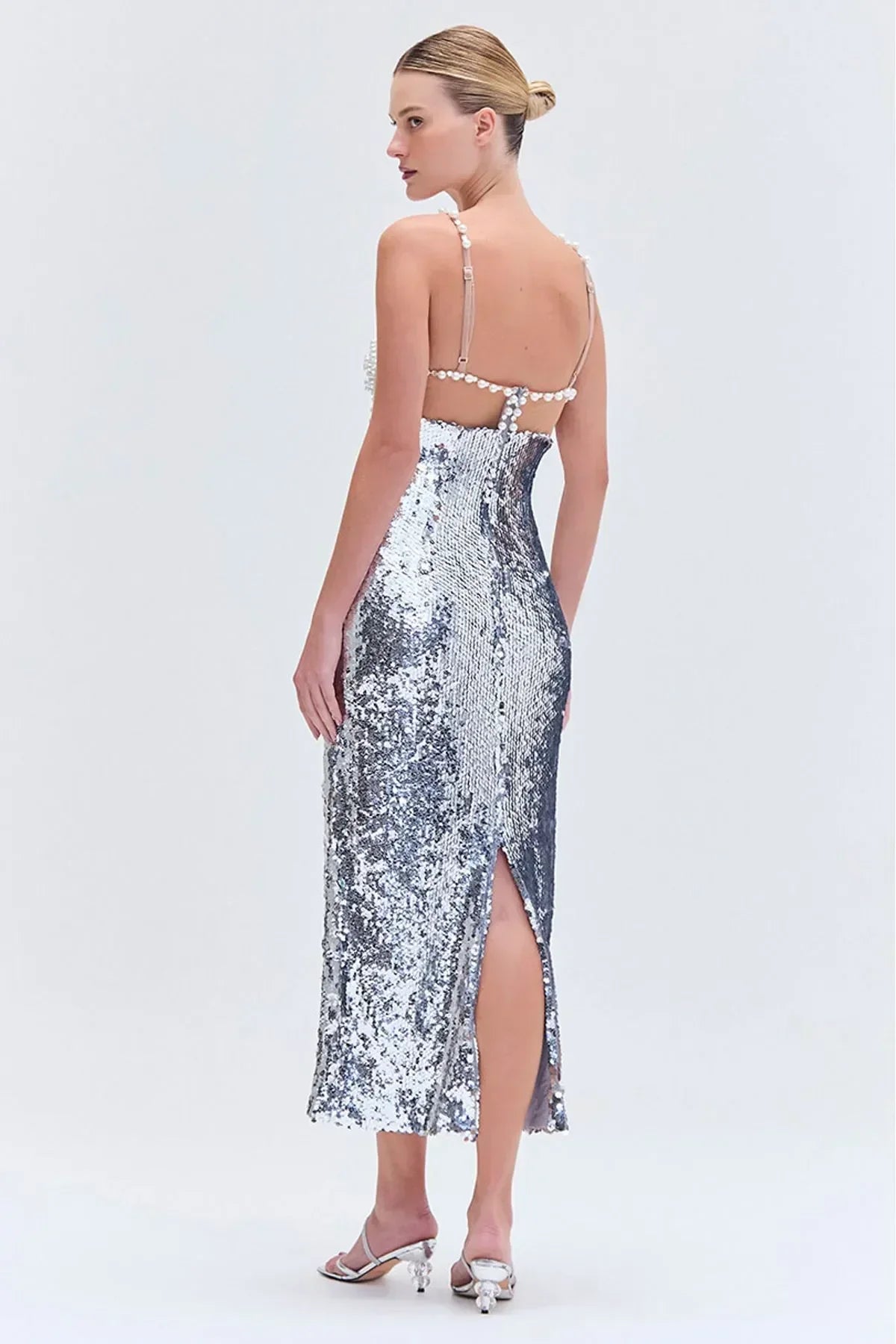 Fashionable Haute Couture  Woman Evening Dress  Pearl Sliver Sequins Spaghetti Strap Long Dress  Celebrity Birthday Party Outfit