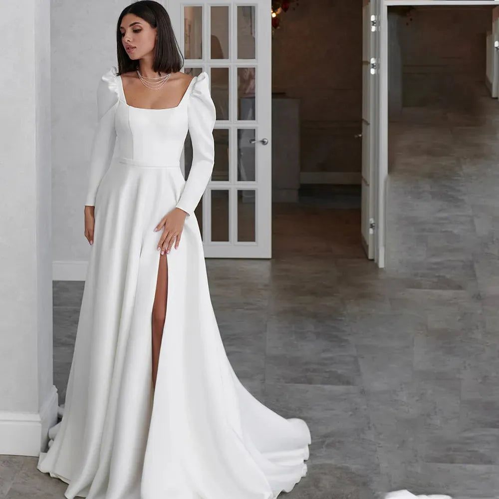 A-Line Wedding Dress Long Sleeve Square Collar Side Slit Simple Satin Open Back Beach Robe De Mariee Custom Made To Measures Champagne