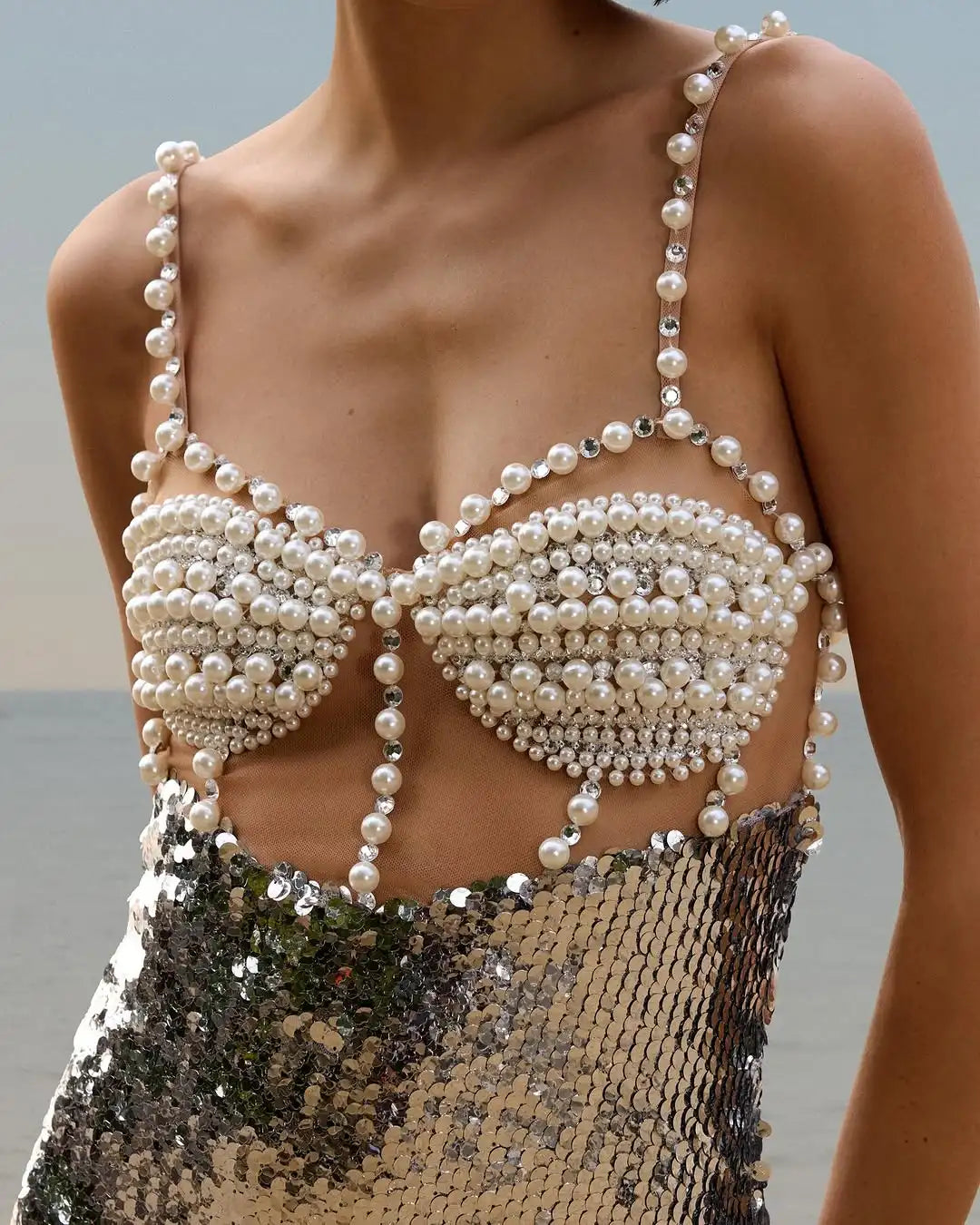 Fashionable Haute Couture  Woman Evening Dress  Pearl Sliver Sequins Spaghetti Strap Long Dress  Celebrity Birthday Party Outfit