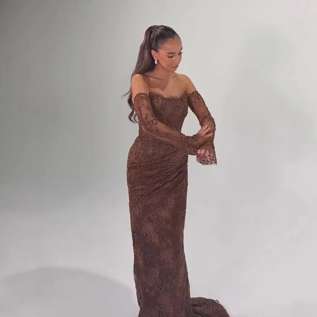 Zapdress Brown Lace Evening Gown Elegant Mermaid Ruched Slim Fit Party Dress for Women DLA73484 Customized (ZD17257) - View 4 | VelvetHem