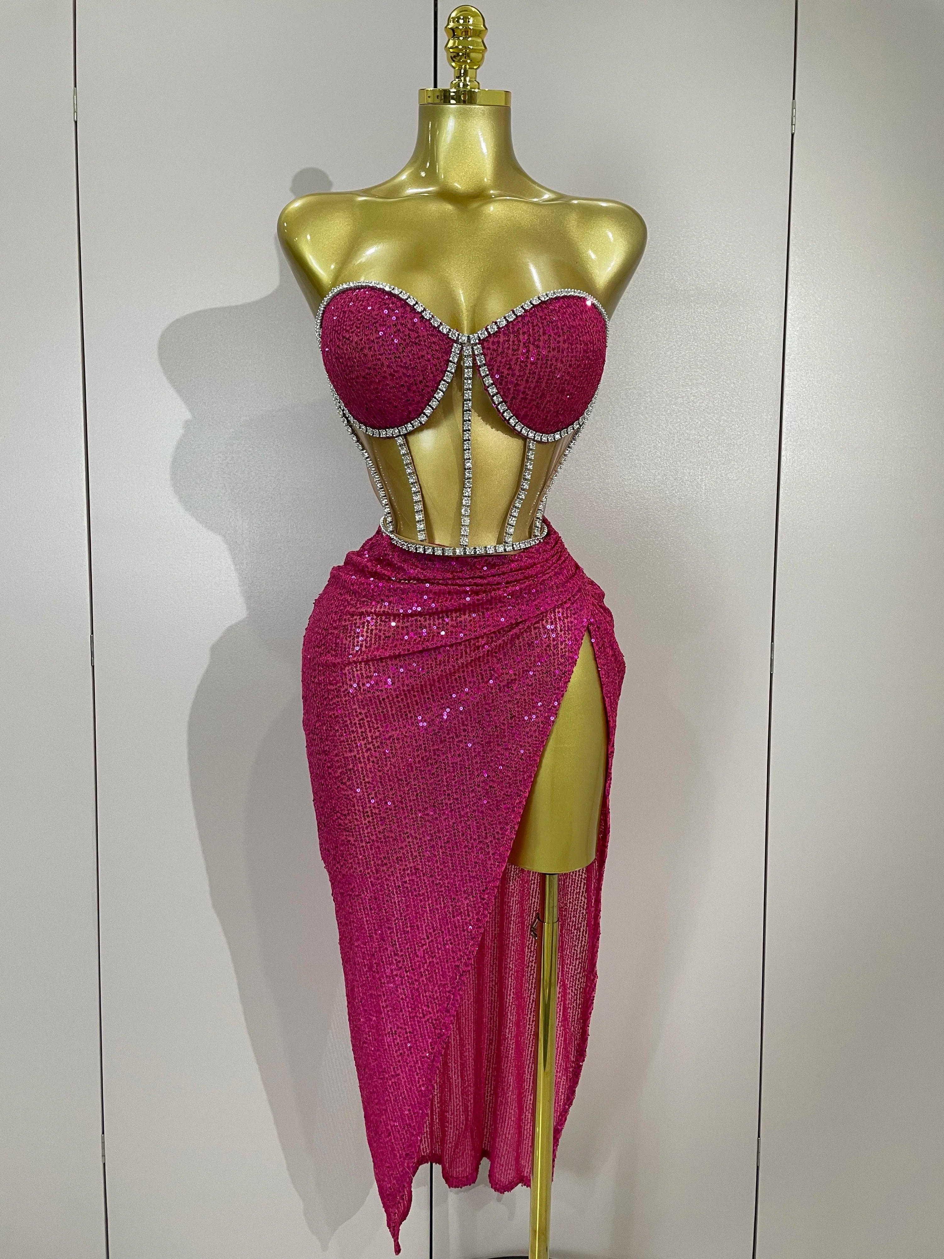 Sparkly Sequins Diamond Birthday Party Two Piece Set Evening Dress Women Sexy Singer Dancer NightClub Bar Performan Costume Rose Red