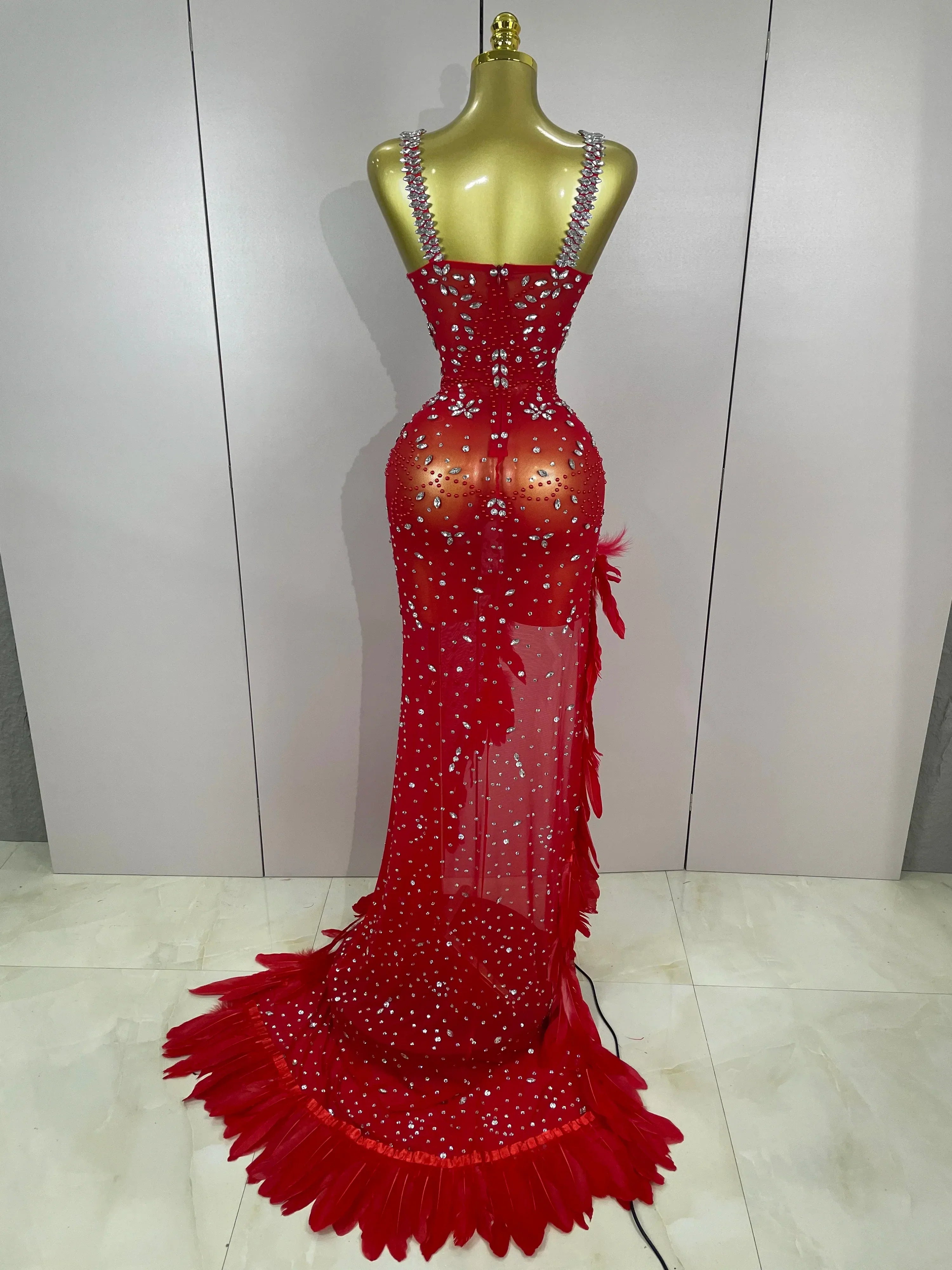 Exquisite Feather Red Evening Dress Women Sparkle Rhinestones Sexy High Slit Birthday Celebrate Stage Photoshoot Costume