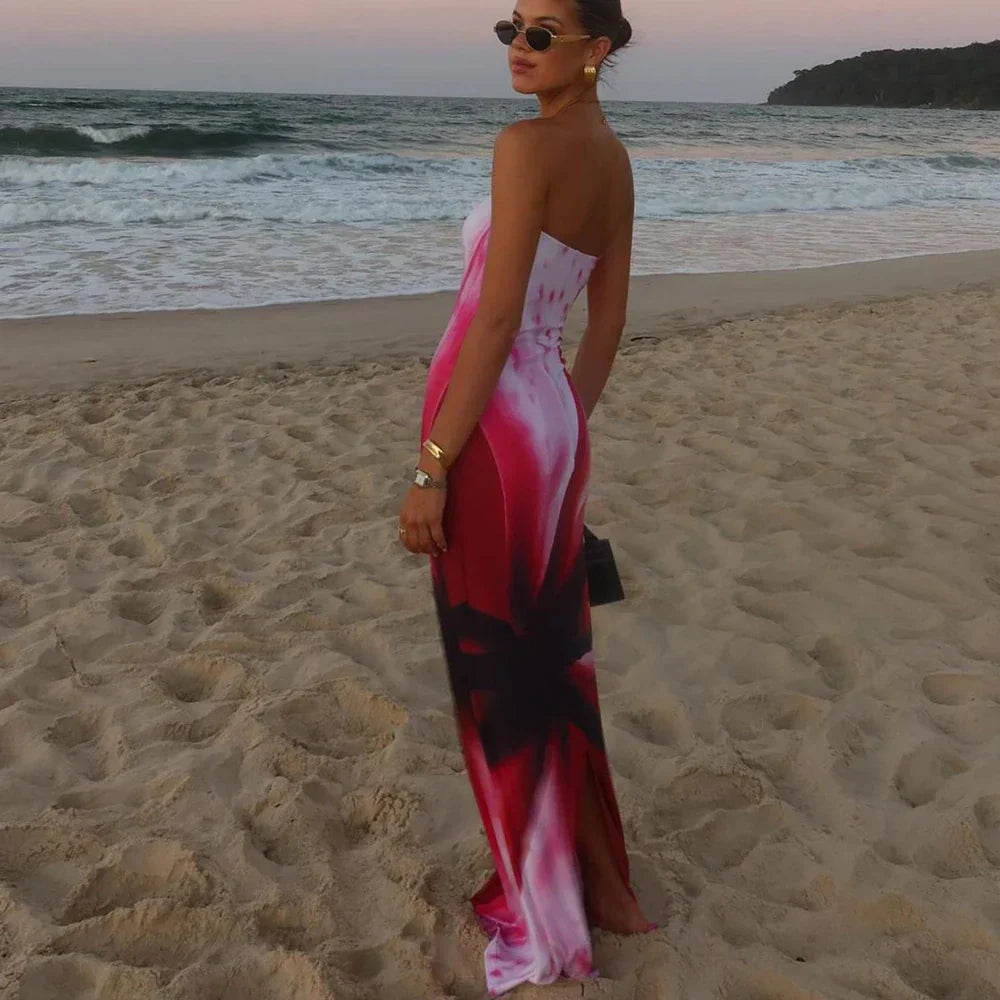 Patchwork Strapless Slim Floral Dress