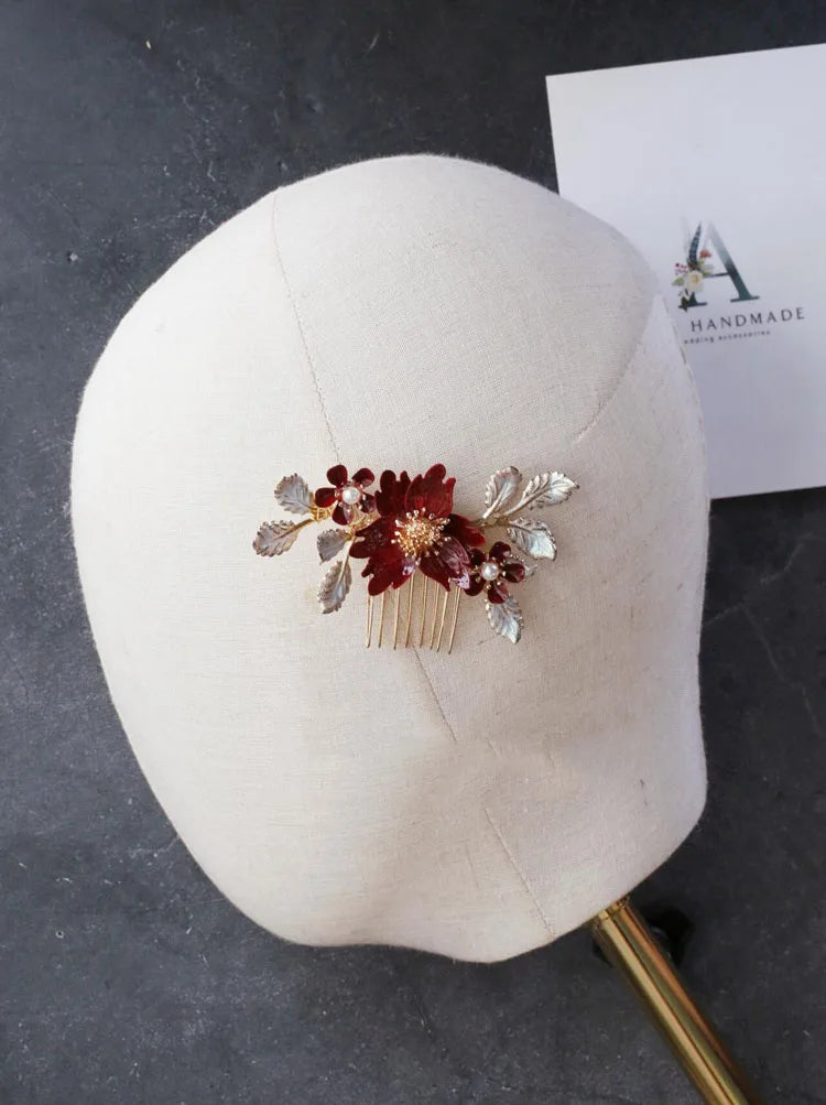 Red Flower Headpieces Headbands Leaf Headdress For Brides Party Dinner Dress Hairbands Wedding Accessories Bridal Hair Jewelry b