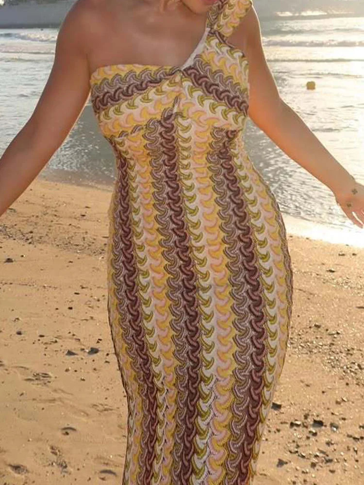 Vintage Print One Shoulder Midi Summer Dress - View 3 | VelvetHem