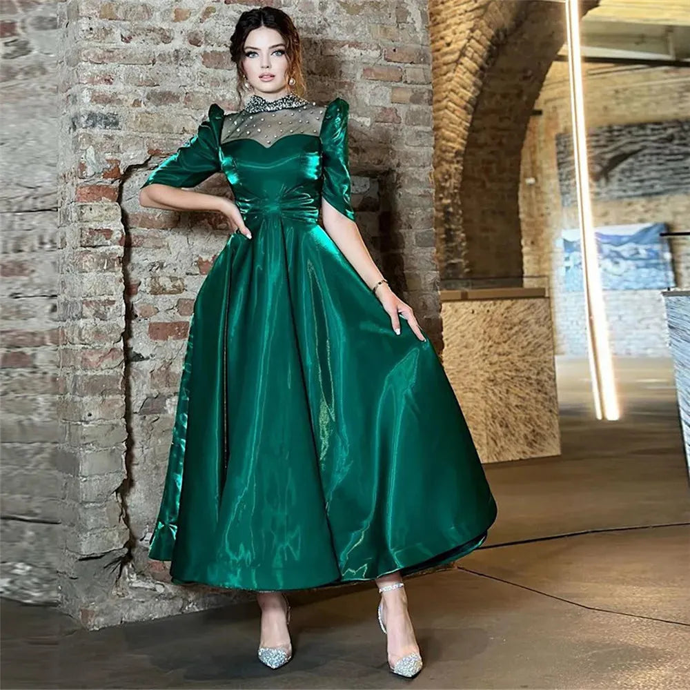 Elegant Green Arabia Prom Dresses Taffeta O-Neck Half Sleeves Sequineds Tea Length Evening Dresses Women Party Gowns Green