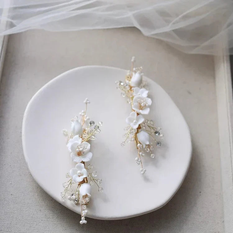 Wedding Accessories Porcelain Flower Head Piece Gold Color Hairpin For Brides Bridesmaids Handmade Hair Pin Clip Bridal Jewelry