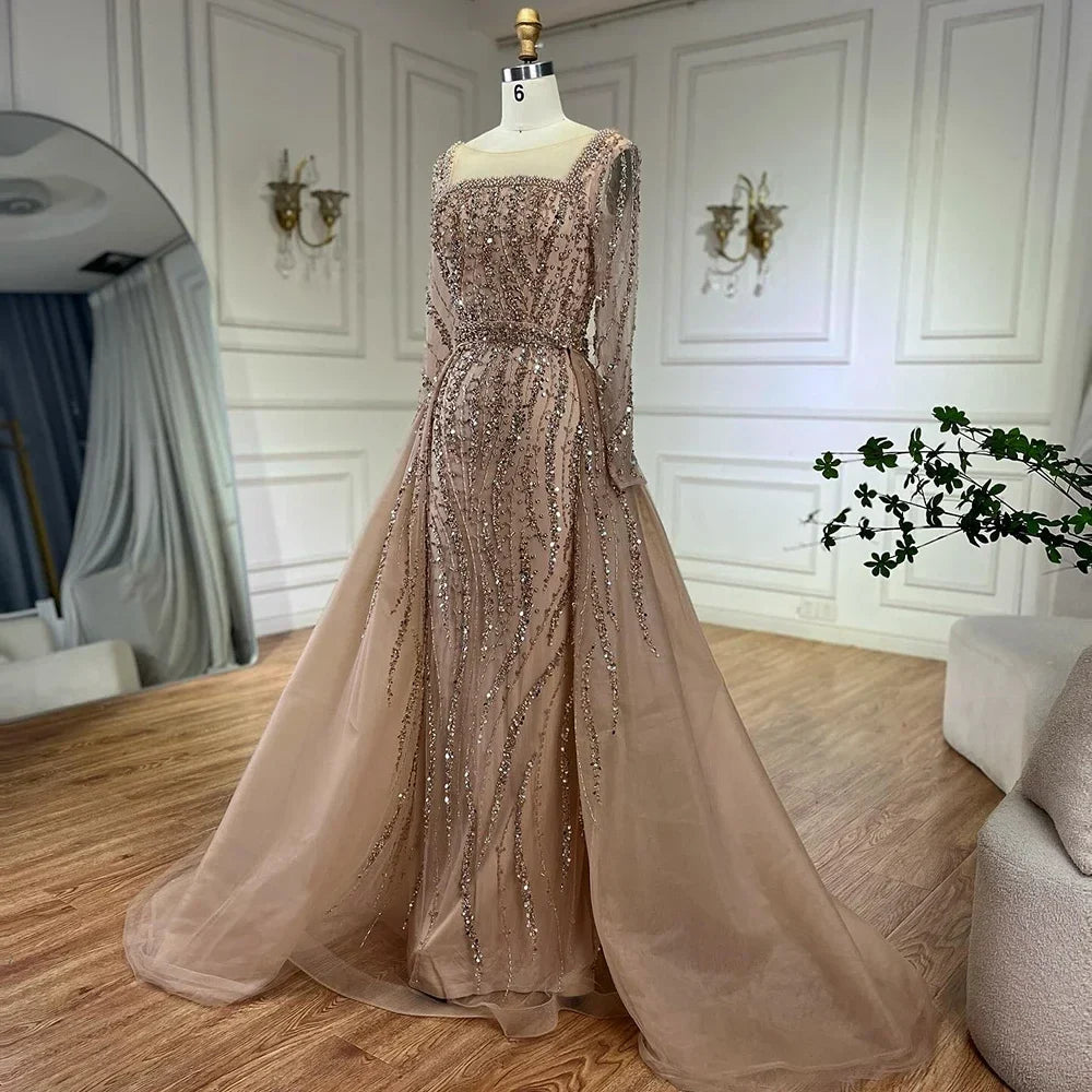 Zapdress Customized Wine red Long Sleeves Mermaid Beaded Evening Dresses with Overskirt Party Gowns for Women (ZD17206)