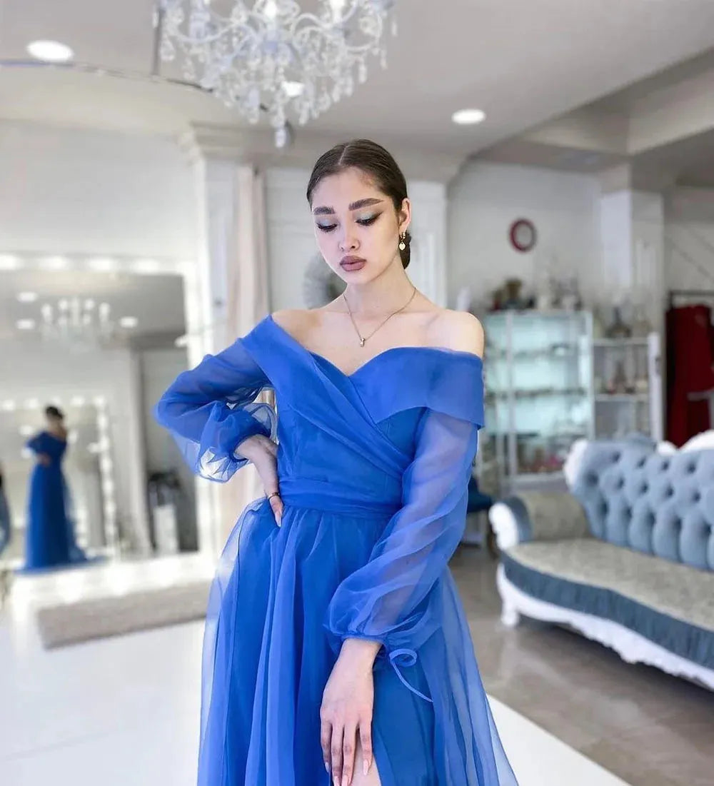 Elegant Blue A-Line Tulle Evening Dresses Off The Shoulder Puff Sleeves Prom Dress Formal Occasion Dress Party Gown
