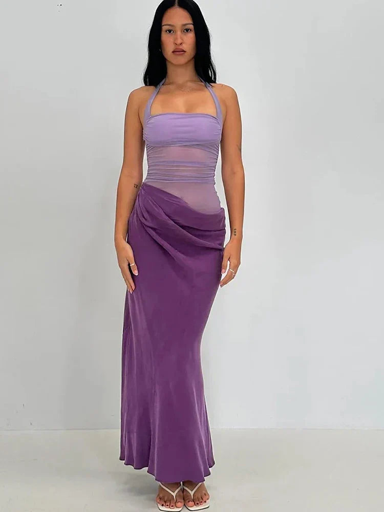 Hollow Patchwork Halter Maxi Dress - View 4 | VelvetHem