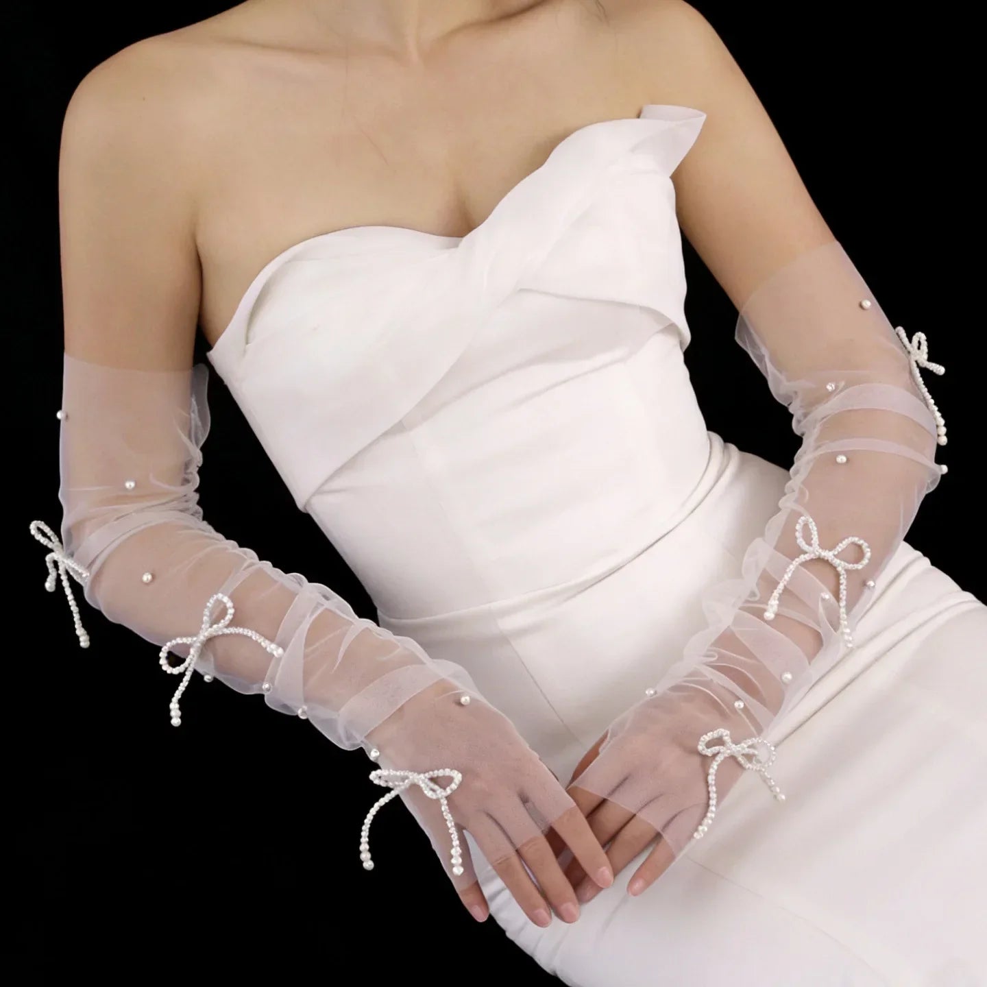 Fingerless Long Bridal Gloves Pearl Wristband Wedding Glove For Women Girl Party Evening Dress Jewelry Brides Accessories a
