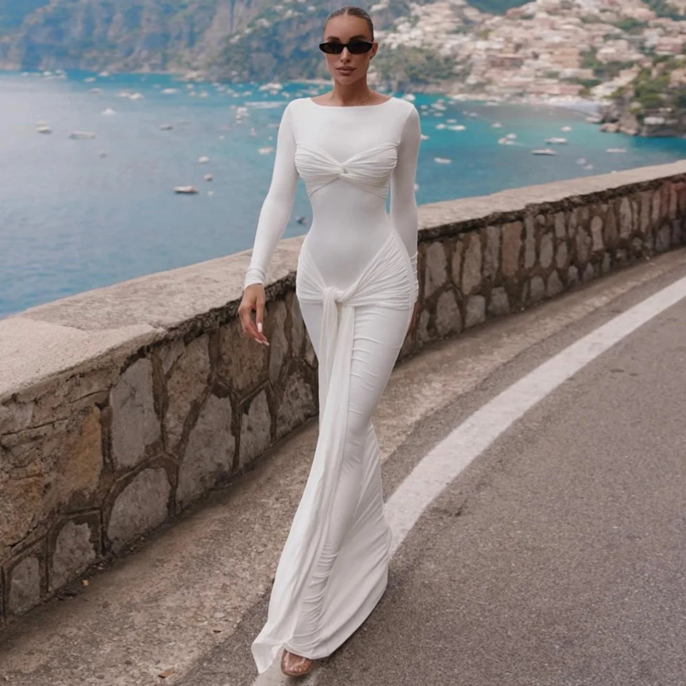 O - neck Long Sleeve Robe fashion Maxi Dress