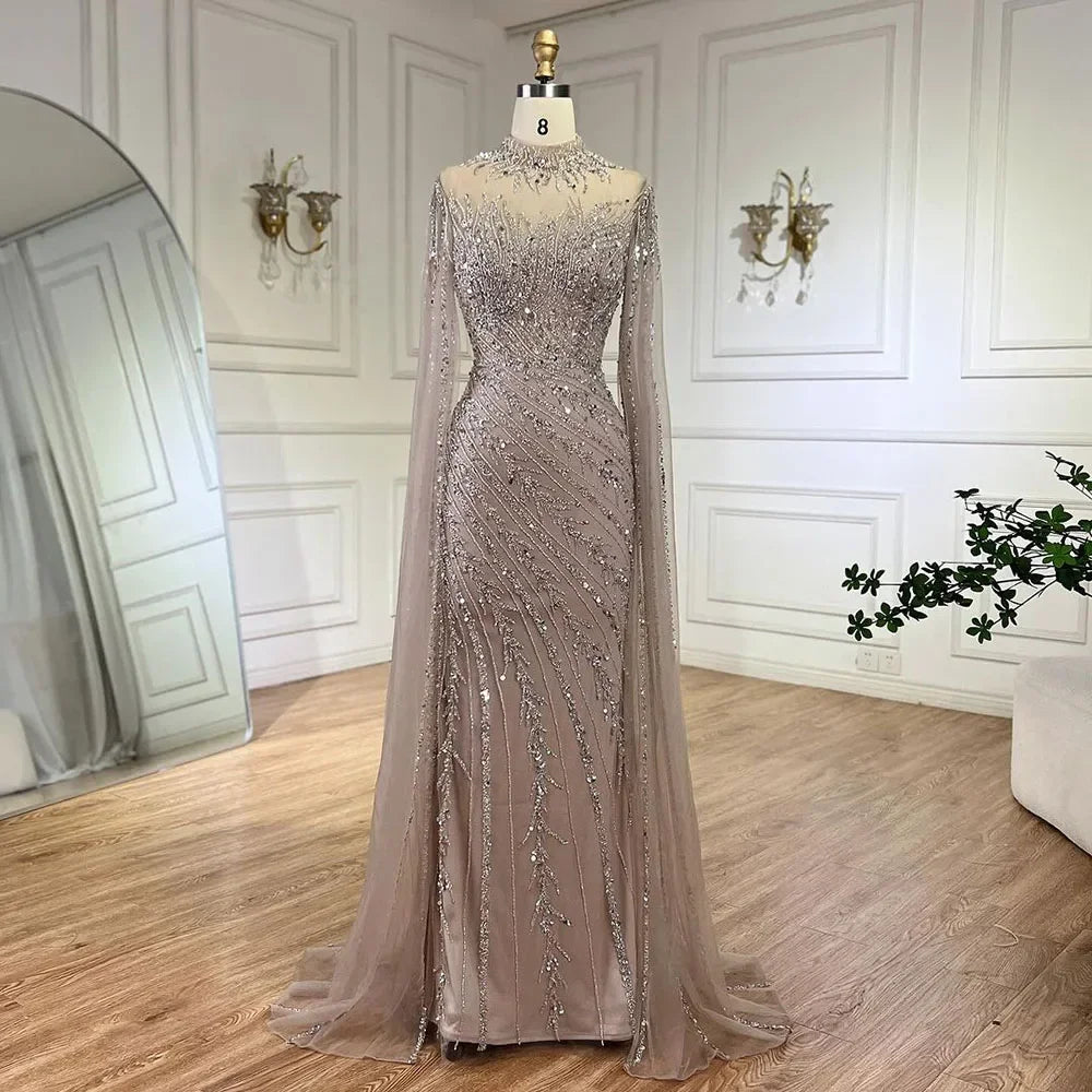 Zapdress Customized Caramel Mermaid Beaded Cape Sleeves Evening Dresses 2024 Dubai Party Gowns for Women Wedding DLA71885A (ZD17280)