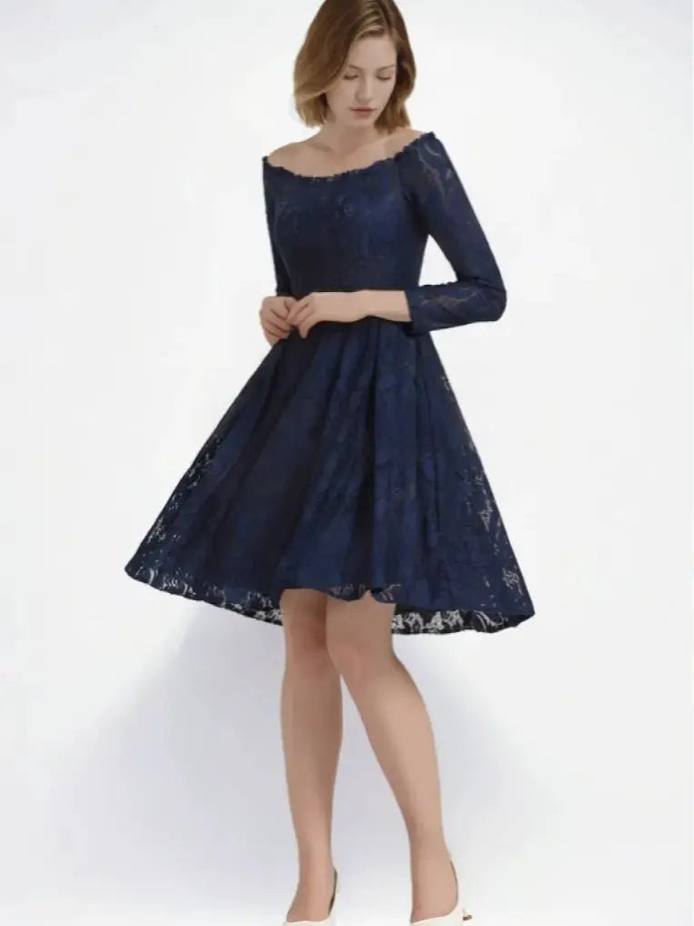 Elegant A-Line Prom Evening Dress Lace Off-the-Shoulder 3/4 Sleeve Pleated Knee-Length Wedding Guest Dress Free Customized Dark Navy