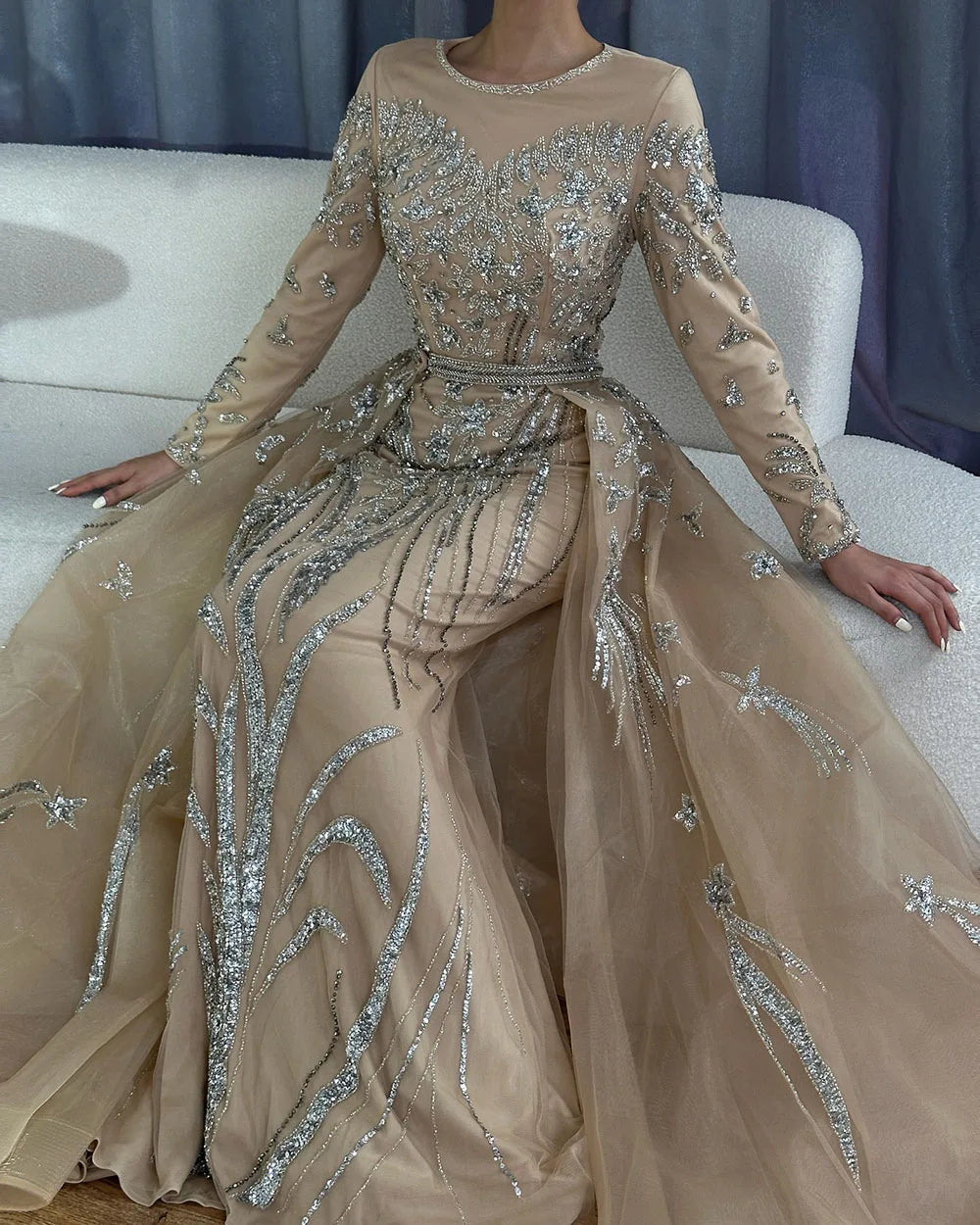 Zapdress Customized Nude Long Sleeves Mermaid Beaded Muslim Evening Dresses Overskirt Dubai Party Gowns For Women (ZD17233)
