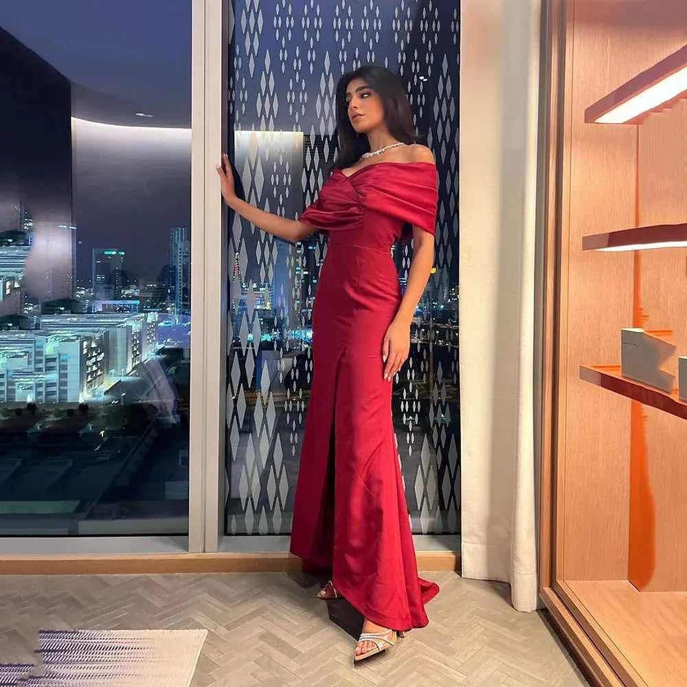 Elegant Mermaid Evening Dresses Off The Shoulder Front Slit Party Gown Special Occasion Dress Arabic Evening Gown Red