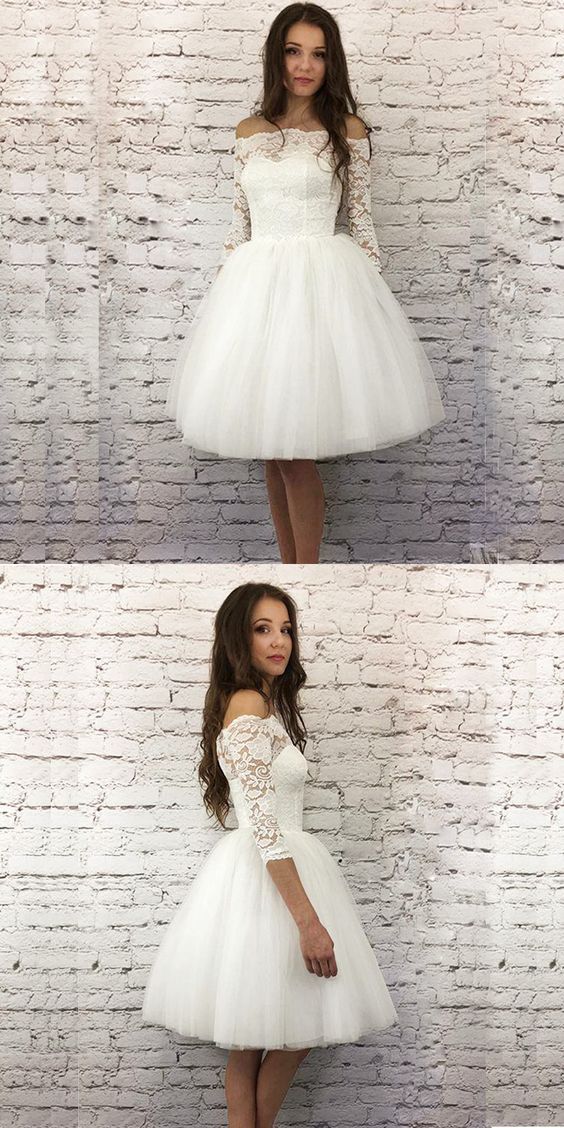 White A-Line 3/4 Sleeves Short Homecoming Dress With Lace - FashionDia
