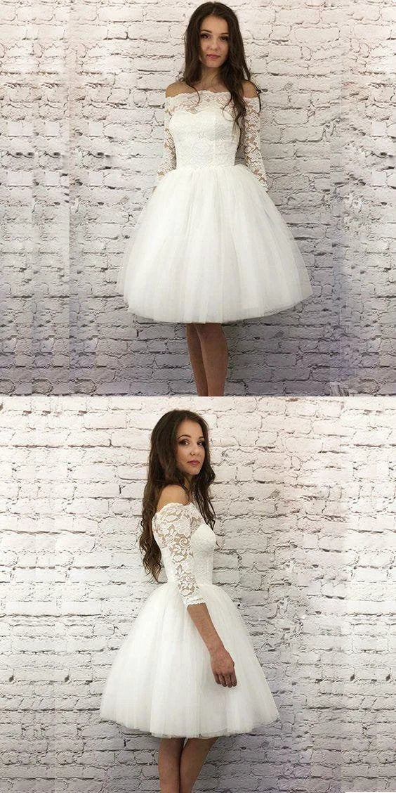 White A-Line 3/4 Sleeves Short Homecoming Dress With Lace S1834 by simplepromdress