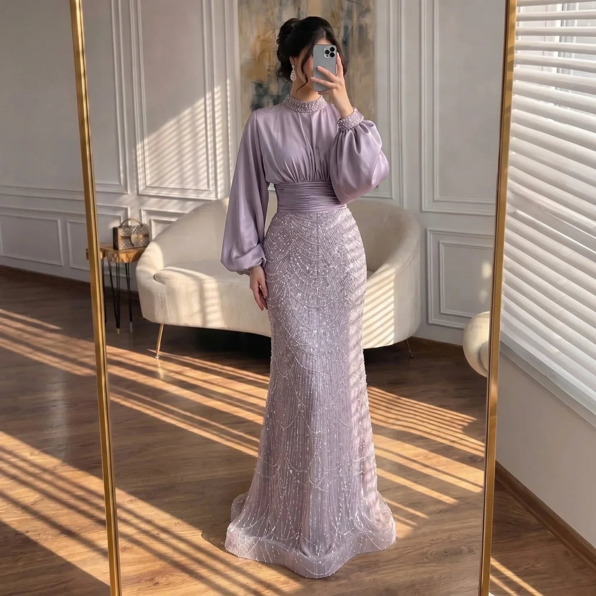 Zapdress 2026 Elegant Mauve Muslim Evening Gowns Dubai High Neck Full Sleeve Formal Party Dress for Women DLA73676 Customized (ZD17173)