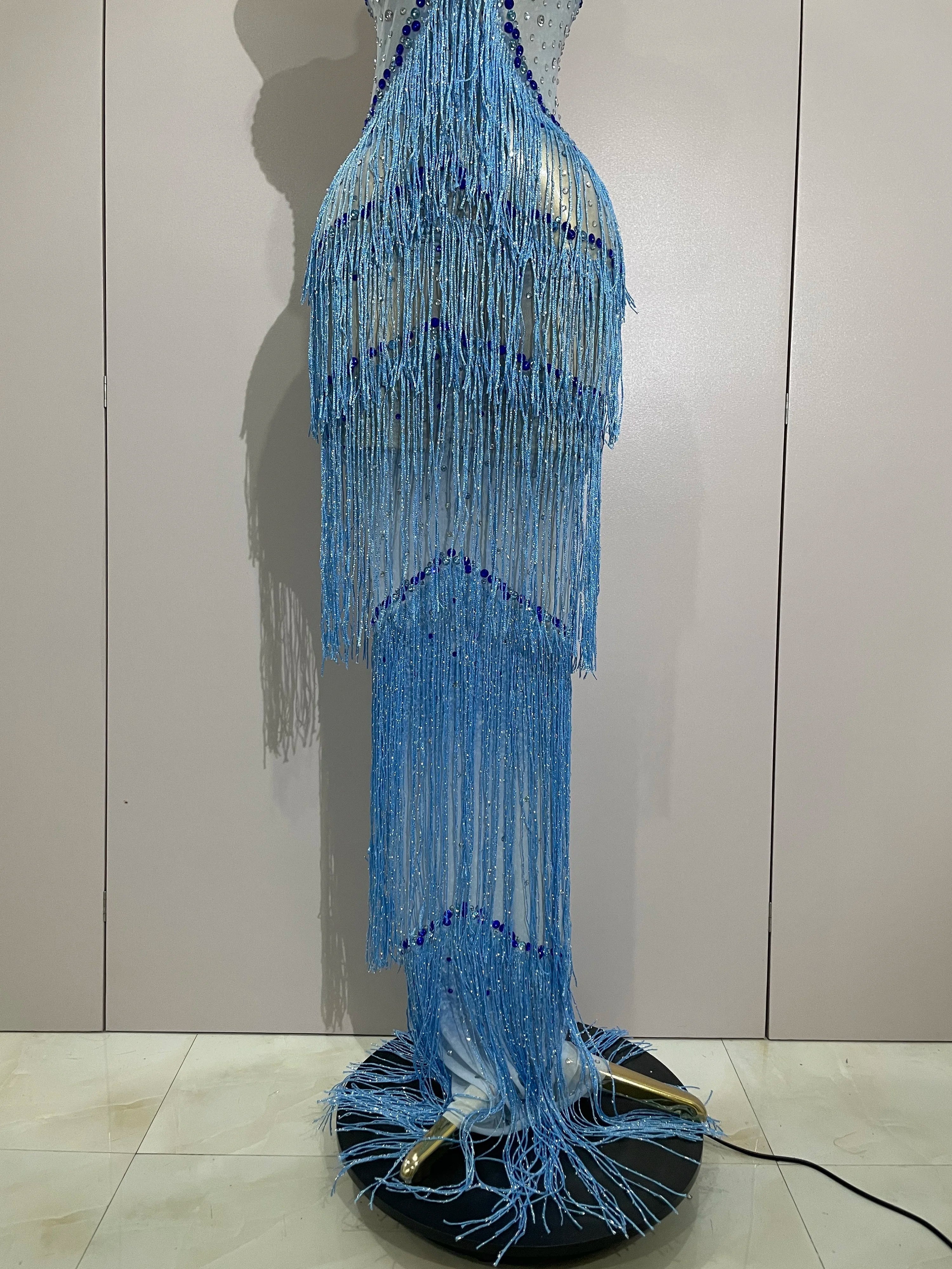 Sparkly Rhinestones Tassel sexy Mesh Slip Long Dress Women Celebrate Evening Prom Birthday paty Dress Photoshoot Stage Wear