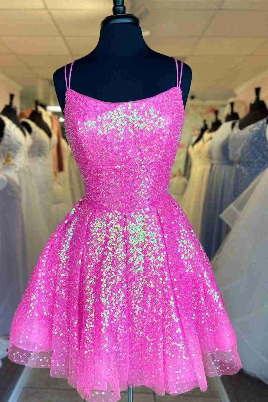 Cute Hot Pink Sequins A-Line Homecoming Dress Y1641 by simplepromdress