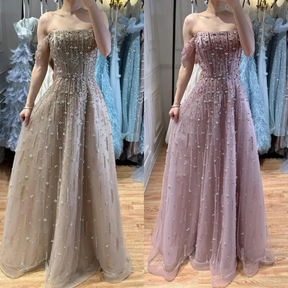 Zapdress Caramel A-Line Beaded Evening Gown Off Shoulder Formal Party Prom Dress Robe de Soirée 2026 Customized (ZD17268)