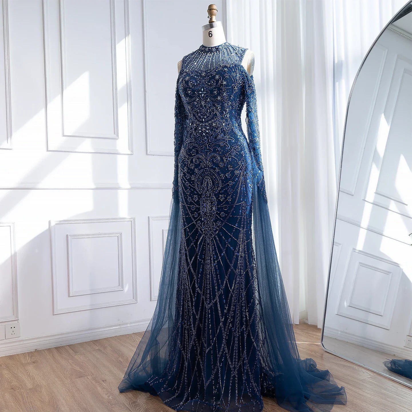 Zapdress Navy Blue O-neck Cold Shoulder Mermaid Beaded Evening Dress Party Gowns with Cape Sleeves Customized (ZD17373)