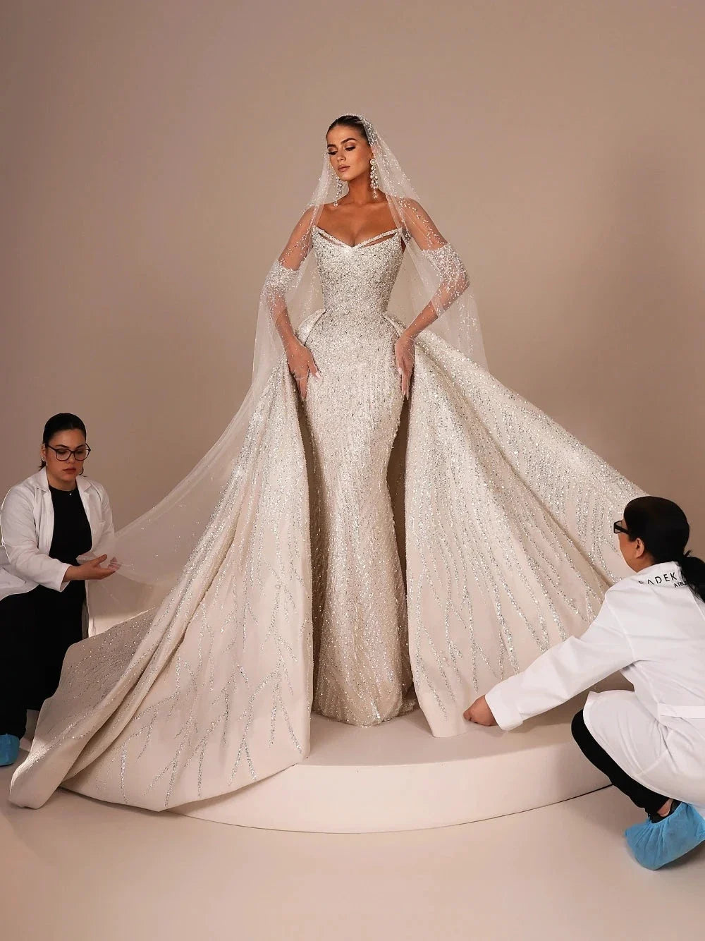 Royal V Neck Wedding Dress With Detachable Train Sequin Beaded Bride Gown by ZAPDRESS