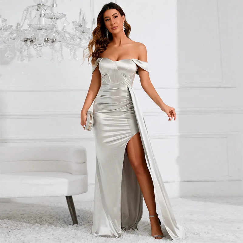 Off Shoulder Satin Mermaid Maxi Dress - View 8 | VelvetHem
