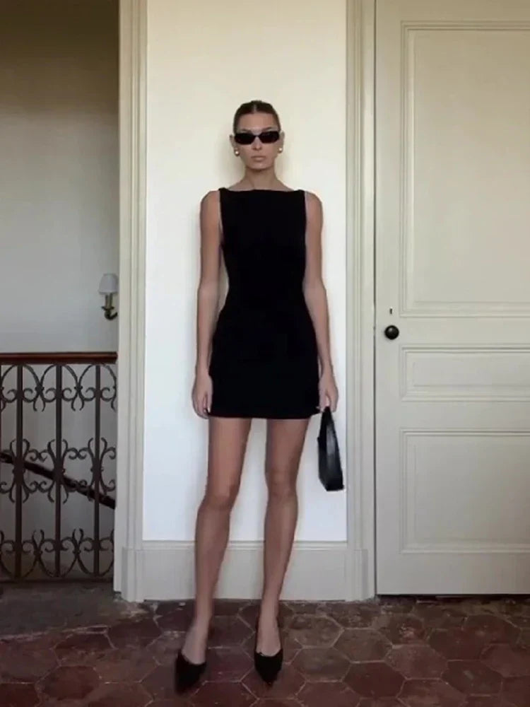 Solid O-Neck Casual Mini Black White Work Dress - View 2 | VelvetHem