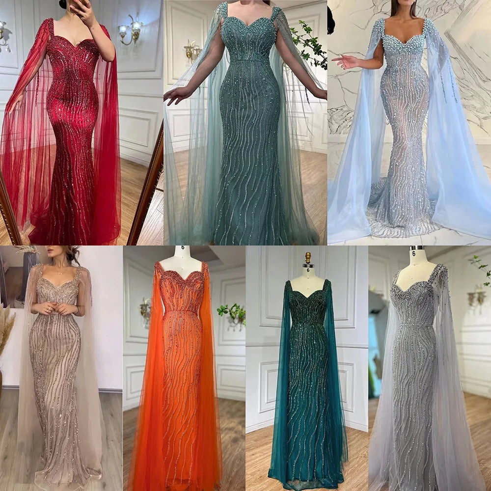 Zapdress Blue Mermaid Beaded Evening Dresses with Cape Sleeves Wedding Party Gowns for Women DLA71715 Customized (ZD17247)