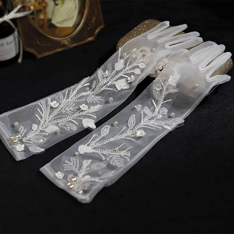 Long Bridal Gloves Vintage Flower Pearls Wristband Wedding Glove For Women Girl Party Evening Dress Jewelry Bride Accessories a