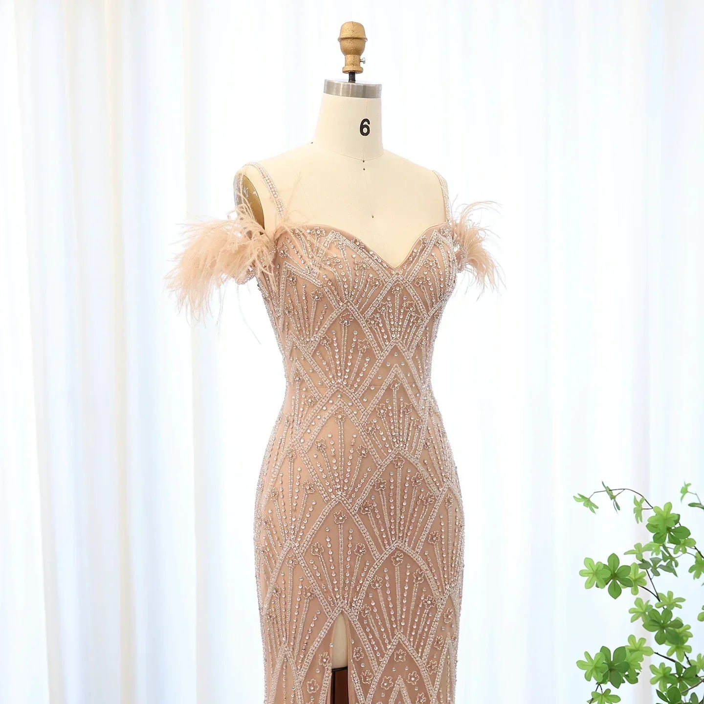 Feathers Beaded Long Prom Formal Gowns